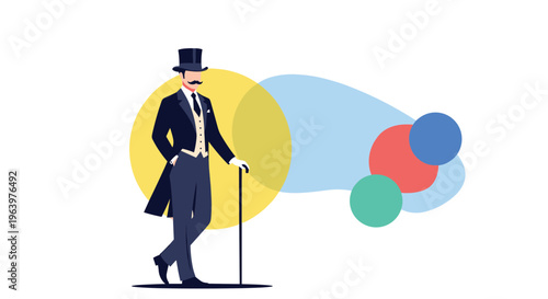 Elegant dandy gentleman wearing a formal black tuxedo and top hat while leaning on a walking stick in vector art.