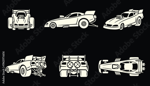 Drag racing car vector illustrations from multiple views