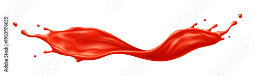 Tomato juice drink and ketchup sauce wave splash, red sauce splashing. Realistic 3d vector liquid fresh drink flow motion with drops. Fluid pouring stream swirl or spill beverage or cooking ingredient