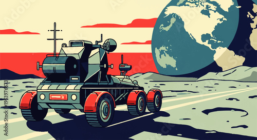 Lunar exploration rover navigating the moon's surface with Earth in the background, a cosmic journey illustration
