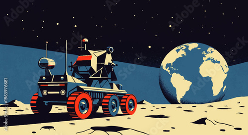 A futuristic lunar rover explores the moon's surface with Earth visible in the background, symbolizing space exploration and technological advancement