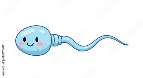 Cute blue sperm cell character with a friendly smiling face and rosy cheeks in a simple cartoon vector graphics.