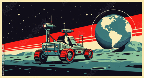 Futuristic space rover exploring lunar surface with Earth in background, vibrant retro-futuristic illustration