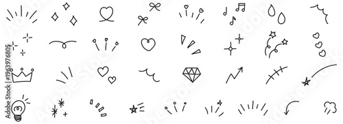 A charming collection of various hand drawn doodle line art elements including stars hearts arrows and sparkles for decorative emphasis
