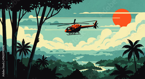 Orange helicopter flying over a lush jungle landscape with mountains and a vibrant orange sun in the sky