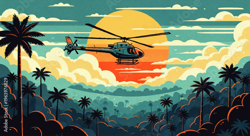 A helicopter flying over a tropical forest with palm trees and a vibrant sunset in the background, evoking adventure and exploration