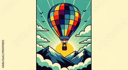 Hot air balloon ascending over mountains with sunburst and clouds, vibrant retro illustration