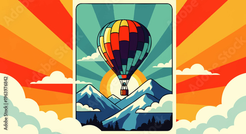 Vibrant hot air balloon soaring above majestic peaks under a brilliant sunburst sky, evoking a sense of nostalgic adventure and freedom