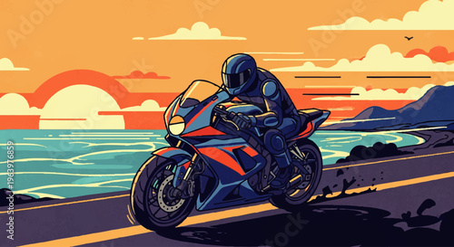 Experience the thrilling speed of a sleek sport motorcycle navigating a winding coastal road under a breathtaking sunset sky, capturing the essence of freedom and exhilarating travel
