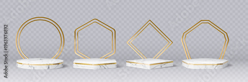 Marble stone podium with golden arch frames. 3d vector realistic stands or pedestals with geometric borders. White platforms or displays, exhibit or gallery bases mockups for product presentation
