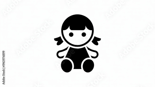 A stylized black robot character with a rounded head and geometric limbs standing against a starburst background. Vector