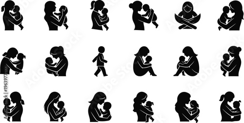 Mother Baby Silhouette Collection Featuring Nurturing and Tender Moments illustration