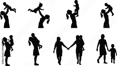 Mother and Child Silhouette Collection Showing Playful Interactions and Nurturing Moments