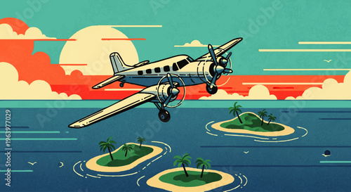 Retro propeller plane soaring over serene tropical islands with palm trees at sunset, a vintage adventure travel illustration