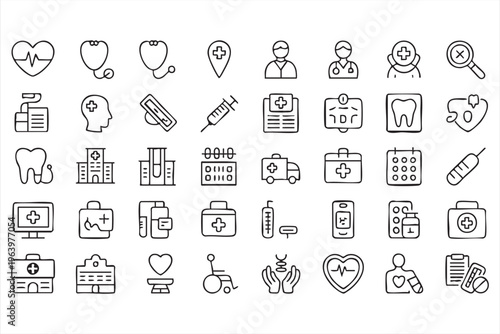 Healthcare Line Icons Featuring Medicine, Emergency, and Clinical Equipment