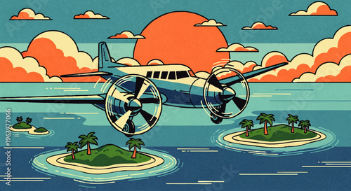 Vintage Propeller Plane Soaring Over Azure Waters and Lush Tropical Islands Under a Vibrant Sunset Sky, Evoking Classic Adventure and Exotic Getaways