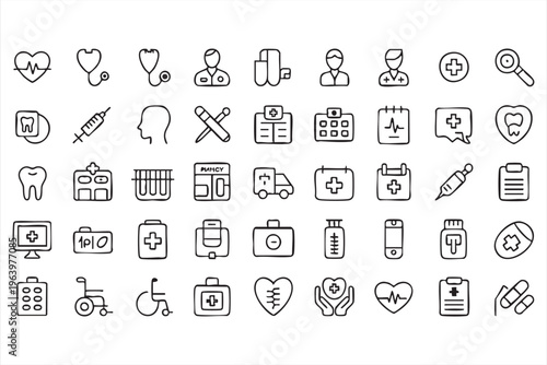 Medical Healthcare Icon Set with Hospital, Doctor, and Patient Care Symbols