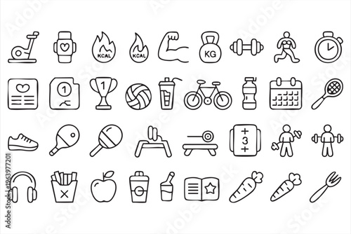Fitness and Sport Icon Set with Workout, Gym, and Health Elements