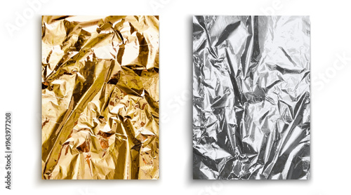 Wrinkled silver and golden foil, realistic 3d vector metallic texture. Crumpled metal sheet piece with shiny surface. Reflective aluminum foil material, glossy luxury backdrop, shimmering background