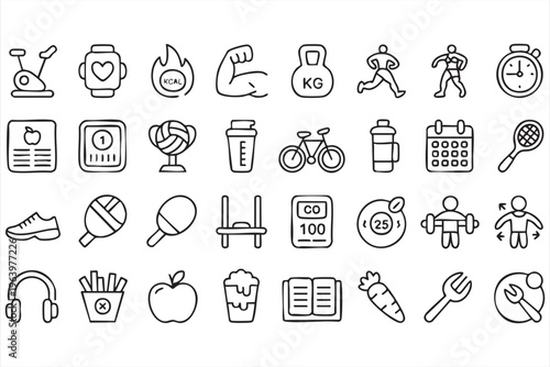 Gym Equipment and Sport Line Icons for Exercise and Training Programs