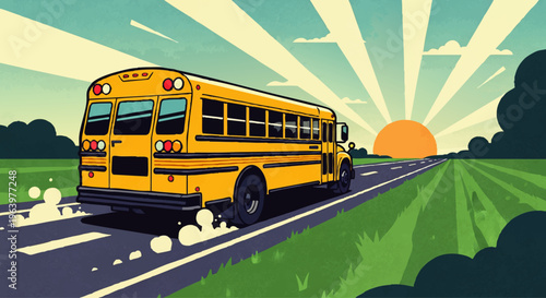 A bright yellow school bus travels down a long, straight road towards a rising sun, symbolizing education and the journey of learning