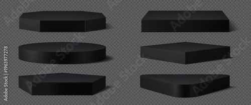 3d black stone podium stage, cosmetic products stand pedestal. Realistic 3d vector geometric base platforms of round, square, hexagonal, pentagonal and triangular shapes for display and presentation