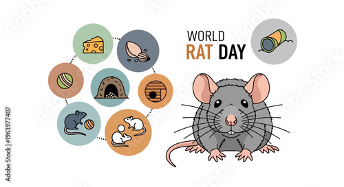 Illustration of a cute rat with icons representing rat behavior and World Rat Day design elements on a white background.