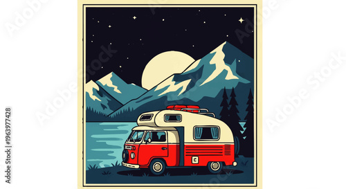 Vintage style illustration of a camper van parked by a serene mountain lake at night, bathed in moonlight under a star-filled sky, symbolizing freedom and adventure on a tranquil journey