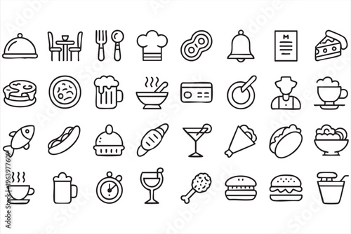 Kitchen and Restaurant Line Icons for Food Service and Menu Design