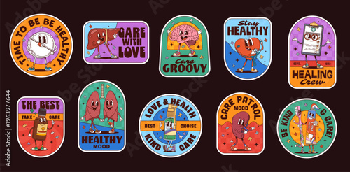 Medicine groovy label stickers, healthcare retro patches with vector slogans time to be healthy, care with love, care groovy, stay healthy, healing crew, the best take care, healthy mood, love health