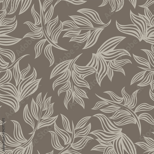 Botanical Textile Design Pattern With Floral Motifs Elegant Beige Leaves On Taupe Background