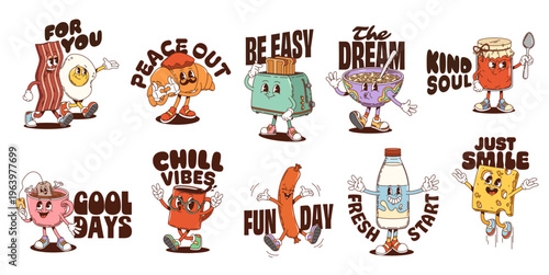 Breakfast funky y2k groovy hippie characters stickers with vector slogans and phrases. For you, peace out, be easy, the dream and kind soul. Cool days, chill vibes, fun day, fresh start and just smile