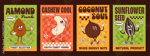 Nuts, bean and seed groovy hippie characters posters with cartoon almond, cashew, coconut and sunflower. Vector groovy hippie nut and seed retro personages promoting natural and organic product mood