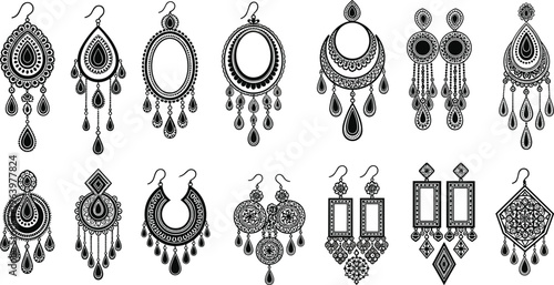 Intricate black and white earrings with paisley and floral motifs.
