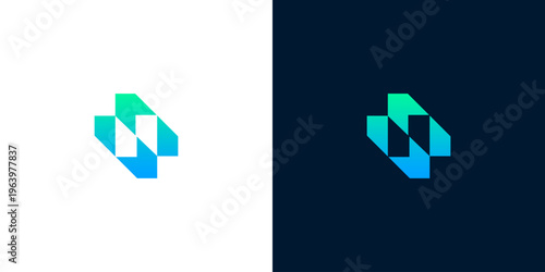 Modern abstract geometric logo design featuring a stylized letter N with vibrant green and blue gradient colors, ideal for technology, finance, and innovative business branding