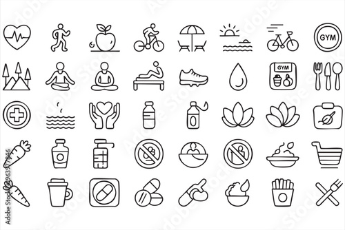 Healthy Living Icons with Meditation, Diet, and Fitness Activities