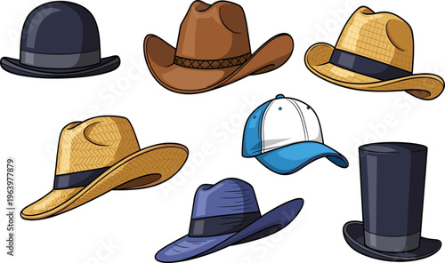 Collection of different hats including cowboy, bowler, fedora, straw hat, cap and top hat on transparent background.