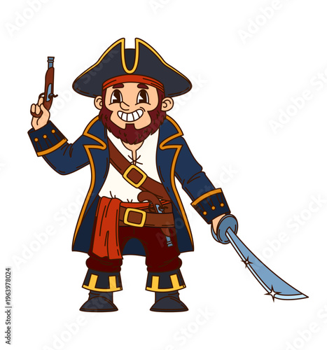 Pirate crew warrior with sword and pistol cartoon character. Cheerful pirate sailor mascot, corsair captain or boatswain isolated vector character. Privateer fighter happy personage holding weapon