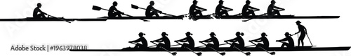 Rowing team silhouette in action on water with single scull and eight person crew boat.