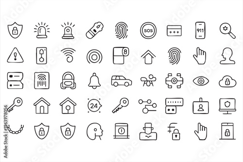 Security and Safety Icon Set with Surveillance and Alarm Systems