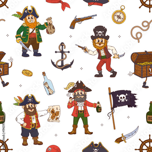 Cartoon groovy pirate and corsair characters seamless pattern with cheerful pirate characters holding swords, maps, bottles and treasure chest. Vector tile background with funny y2k swashbucklers