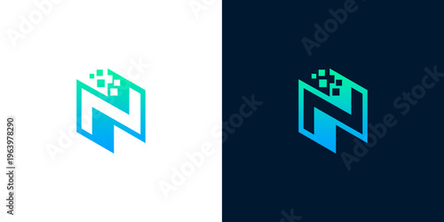 Modern 'N' letter logo design with a digital pixelated effect on a blue and green gradient, suitable for technology and data companies