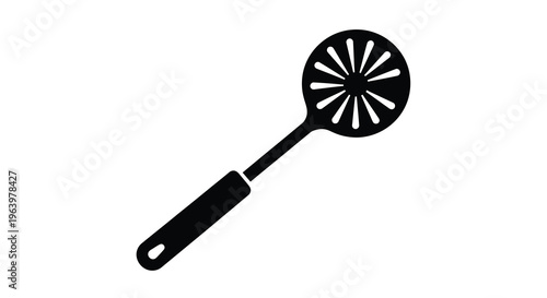 A simple black and white illustration depicts a slotted spoon a common kitchen utensil used for serving and straining high quality