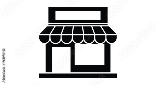 A simple black and white illustration depicts the facade of a storefront with an awning and rectangular doorway high quality professional