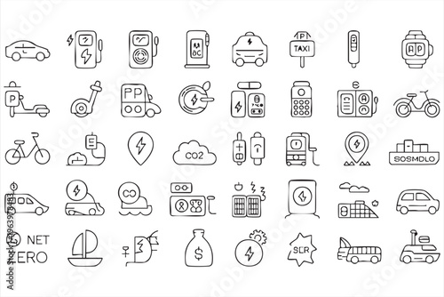 Sustainable transportation line icons set with electric vehicles and mobility symbols