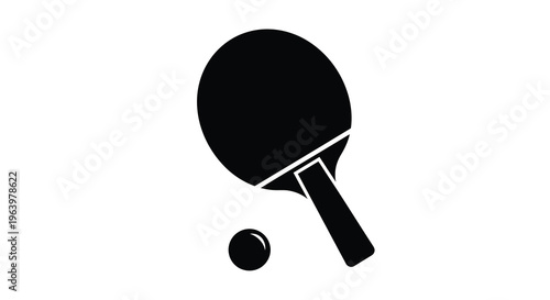 A simple black silhouette depicts a ping pong paddle and ball showcasing equipment for the sport high quality professional detailed modern
