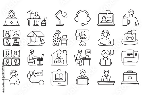Digital workspace and remote communication outline icons for business use