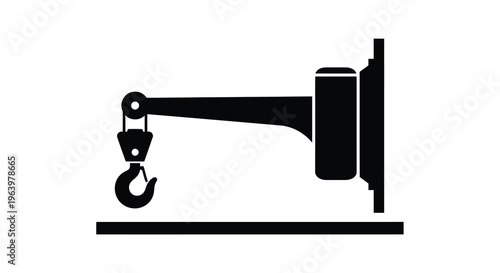 A simple black and white icon depicts a wall mounted jib crane with a hanging hook showcasing industrial equipment high quality