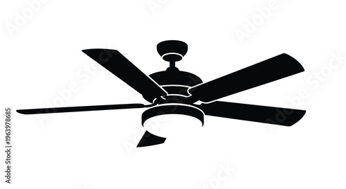 A black and white silhouette depicts a five blade ceiling fan with a central light fixture viewed from below high quality