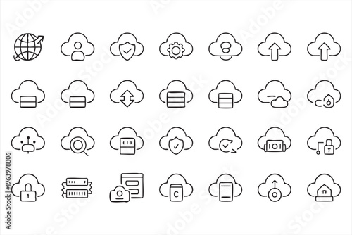 Data storage and cloud security line icons for digital network solutions